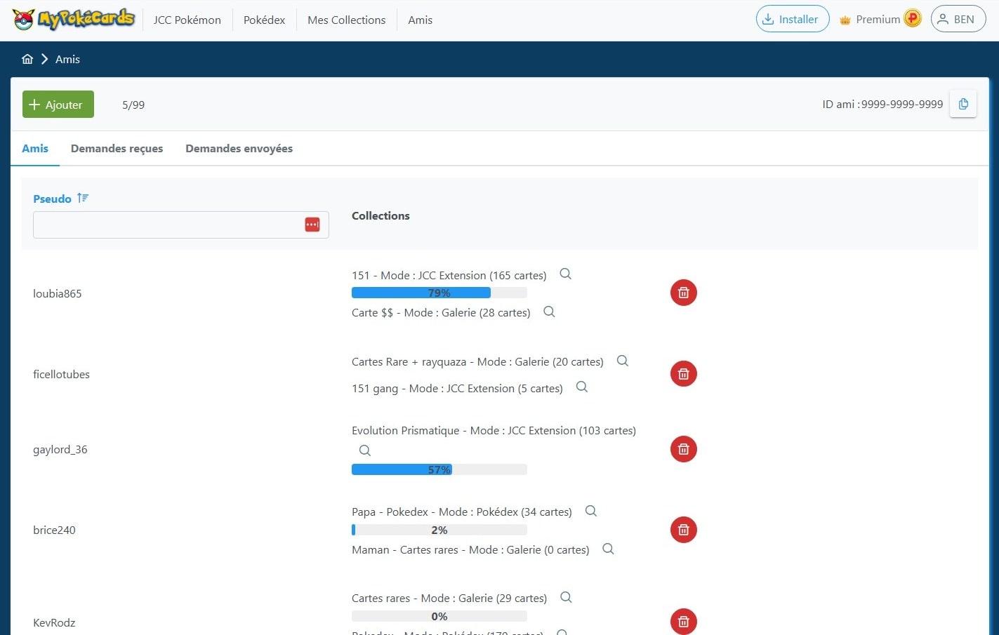 Liste des amis ajoutés sur MyPokéCards