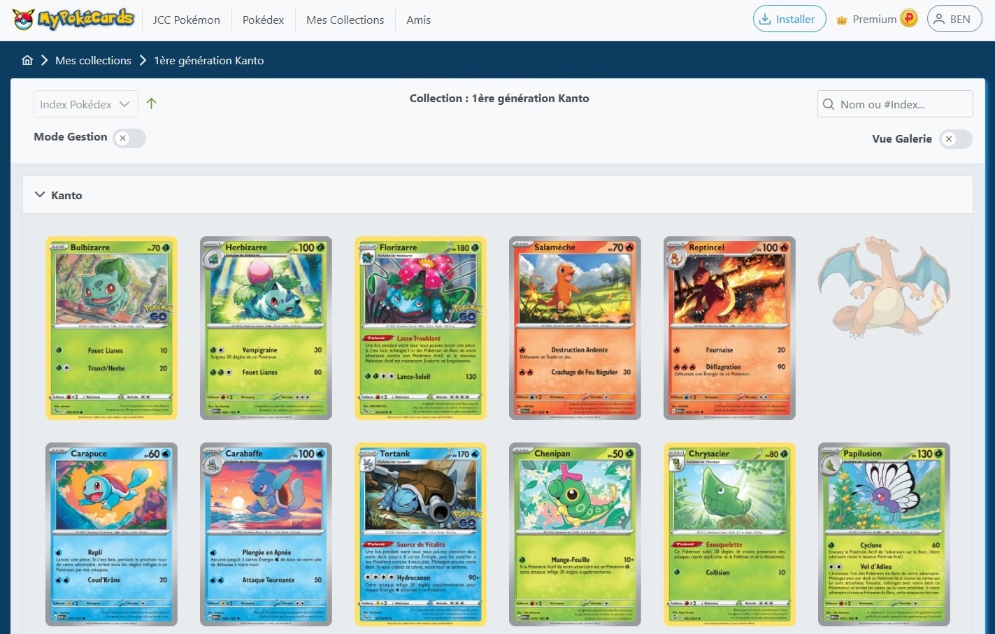 Aperçu détaillé d’une collection de cartes Pokémon en mode Pokédex sur MyPokéCards