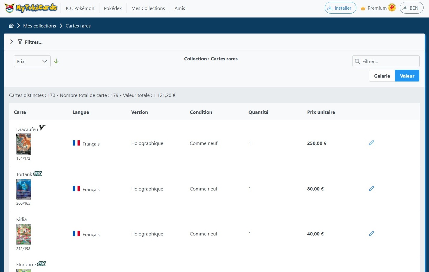 Valeur des cartes dans une collection sur MyPokéCards