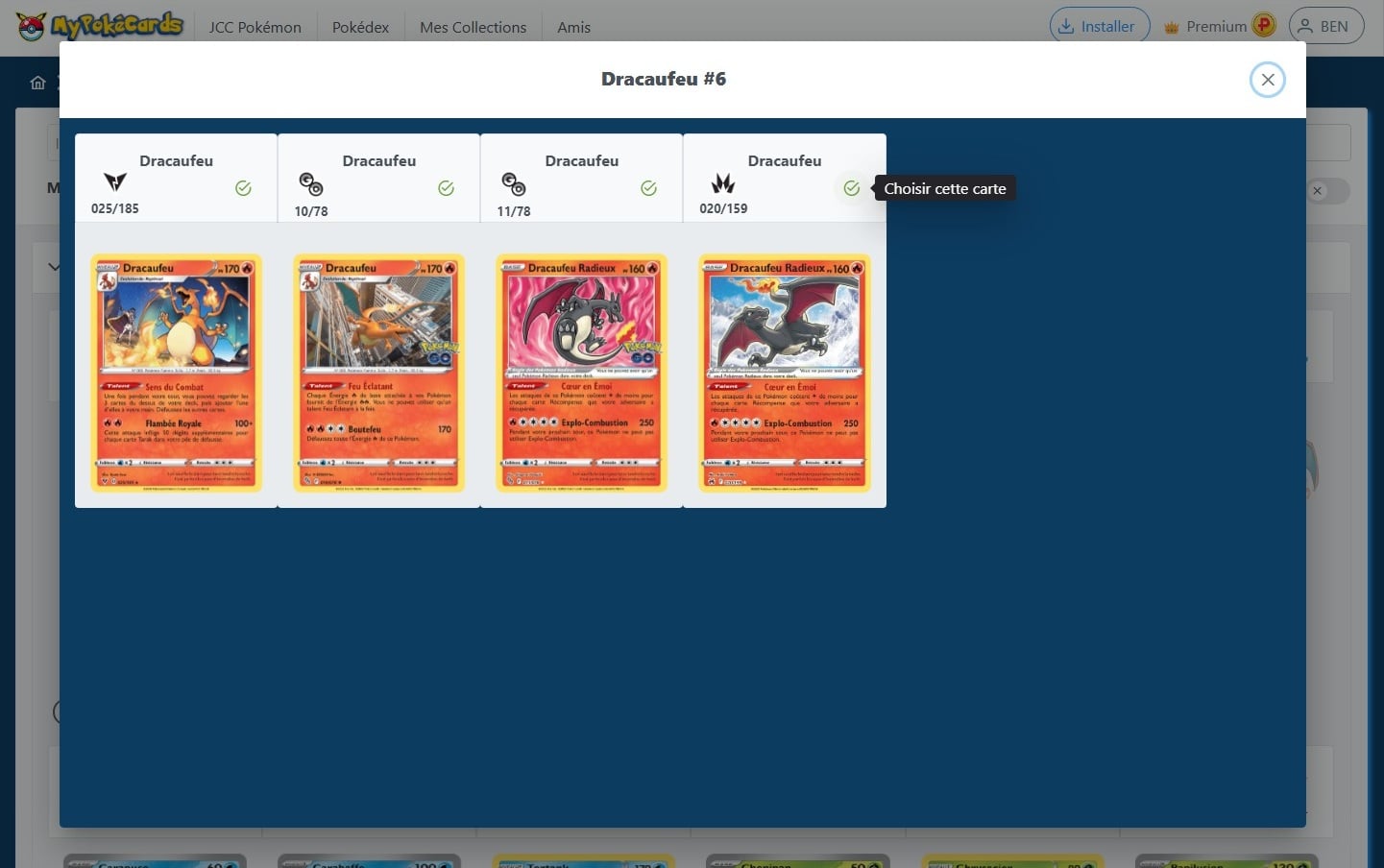 Choix d’une carte dans une collection existant sur MyPokéCards