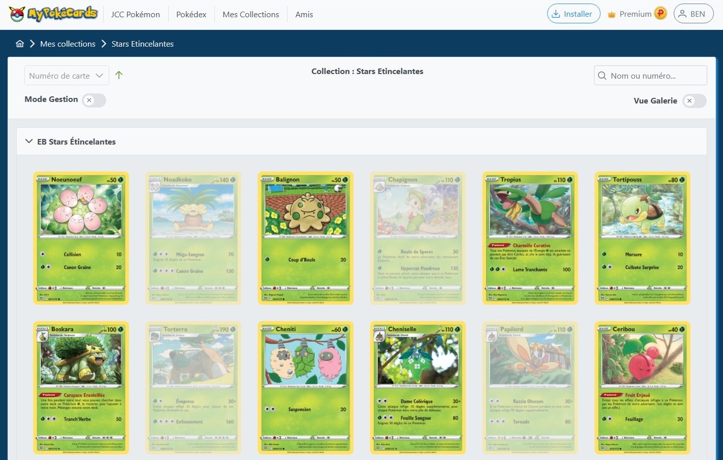 Aperçu détaillé d’une collection de cartes Pokémon en mode JCC Pokémon sur MyPokéCards