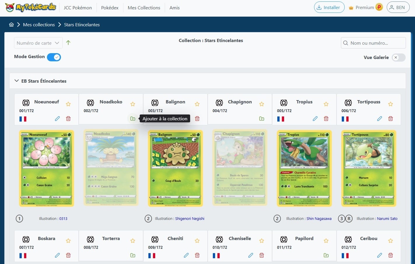Ajout d'une carte à une collection de carte Pokémon en mode JCC Pokémon sur MyPokéCards