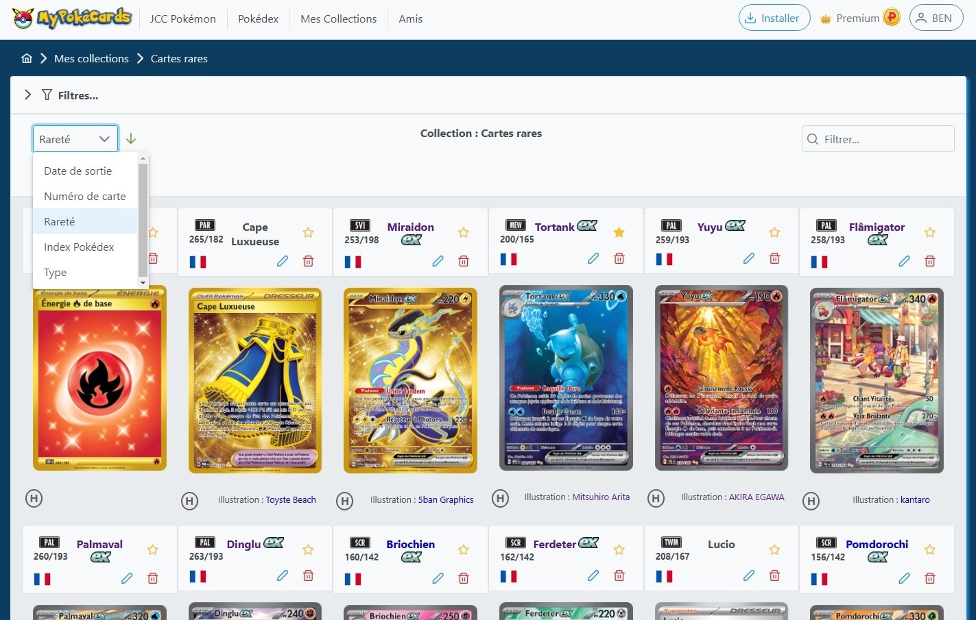 Liste des tris possibles pour l'affichage d'une collection sur MyPokéCards