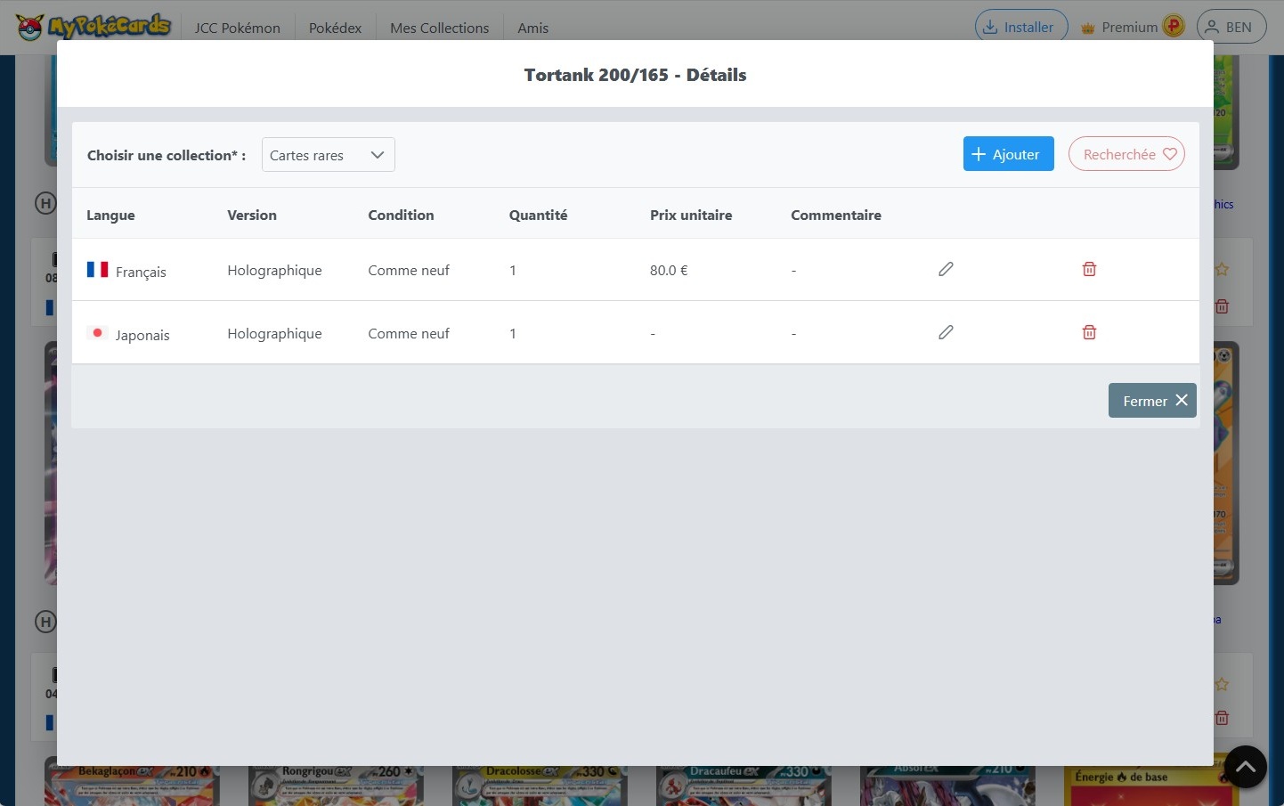 Détails des versions d'une carte dans une collection sur MyPokéCards