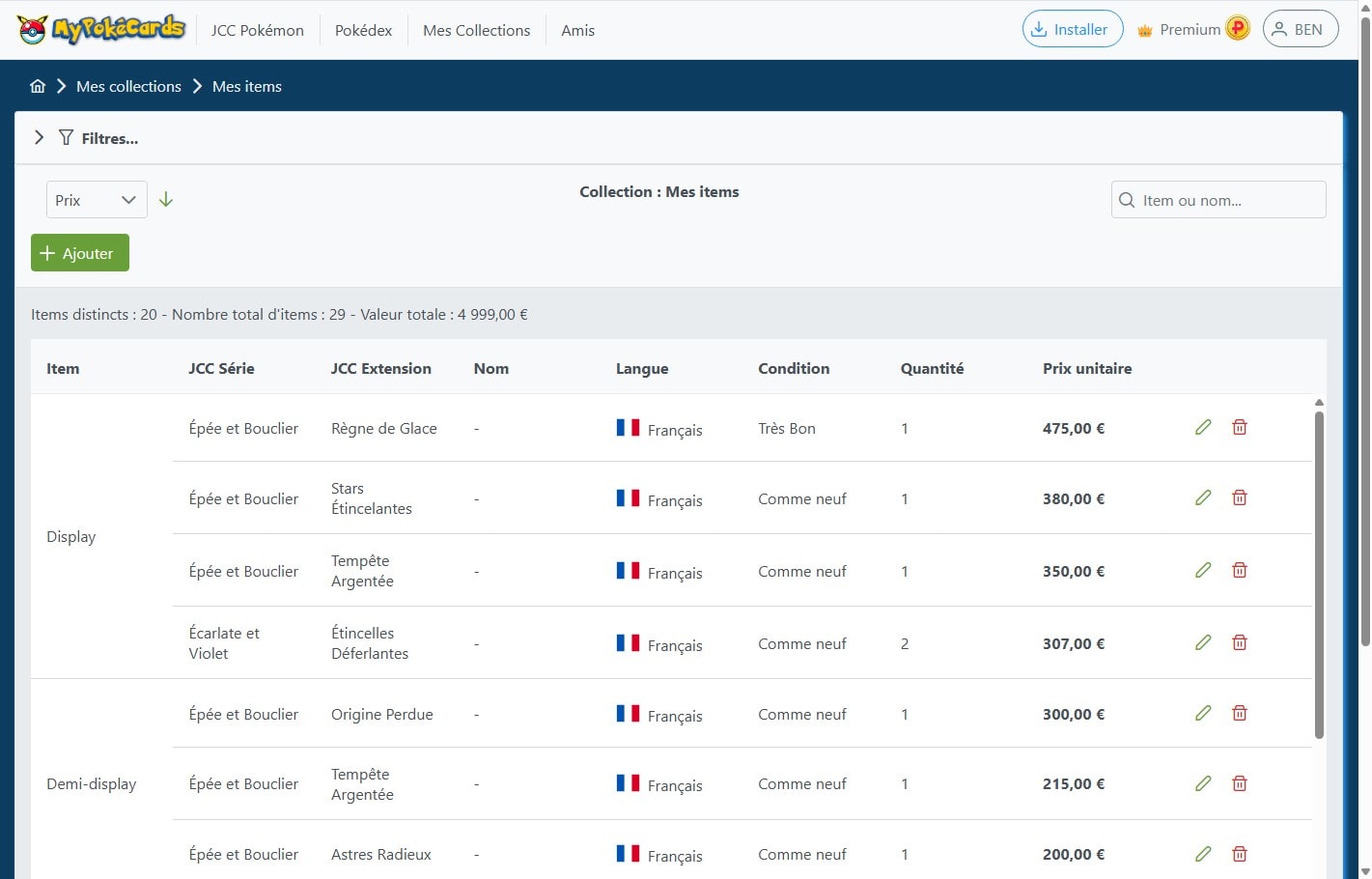 Aperçu détaillé des items d'une collection de type Inventaire d'item sur MyPokéCards