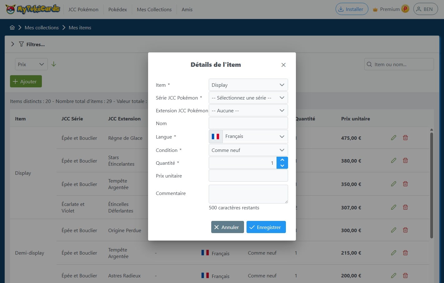 Ajout d'un item à une collection de type Inventaire d'Item sur MyPokéCards