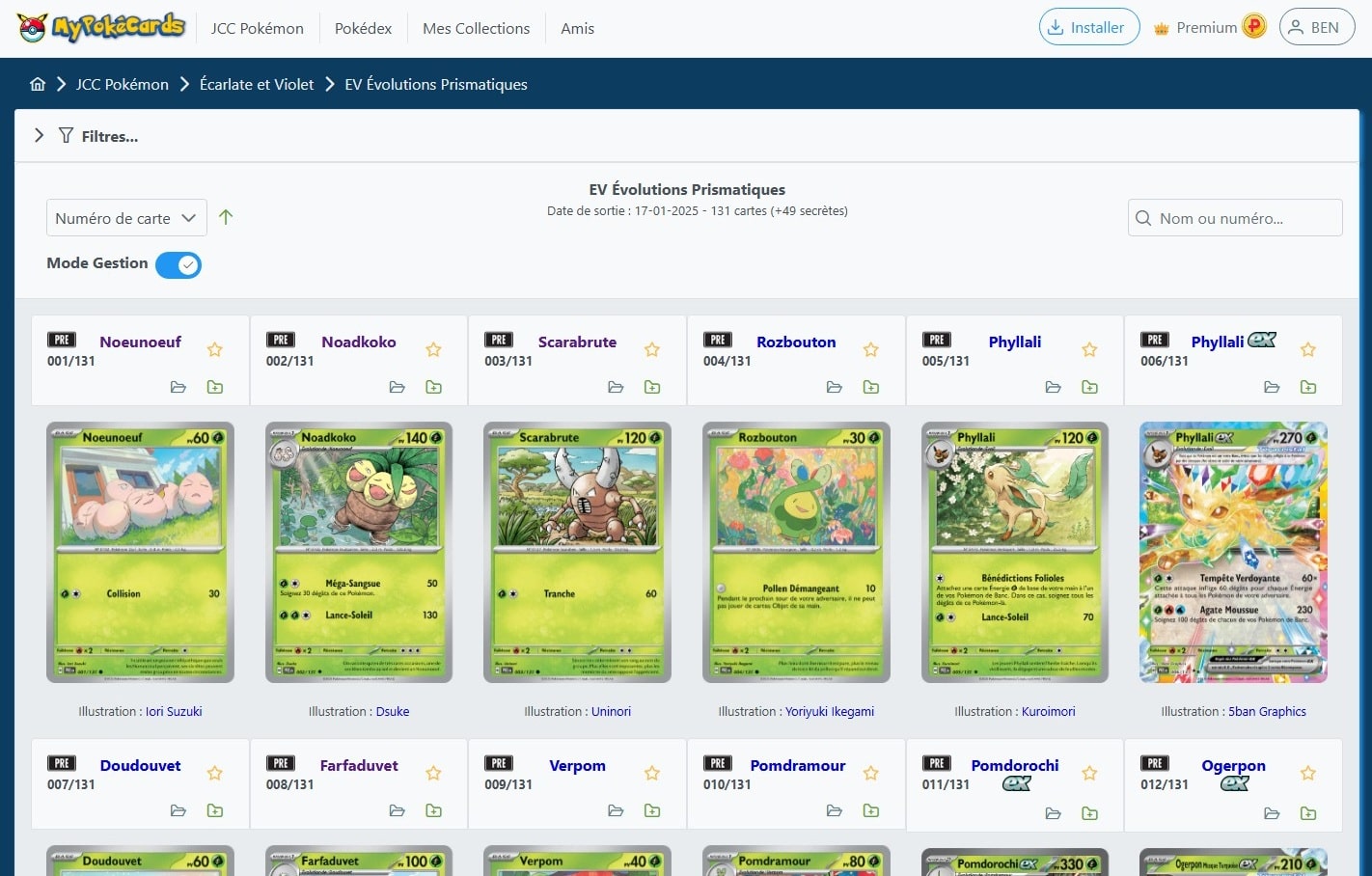 Aperçu en mode gestion de la liste des cartes d'une extension du TCG Pokémon dans MyPokéCards