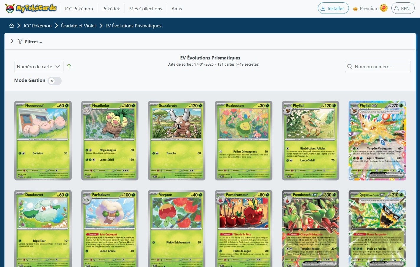 Aperçu de la liste des cartes d'une extension du TCG Pokémon dans MyPokéCards