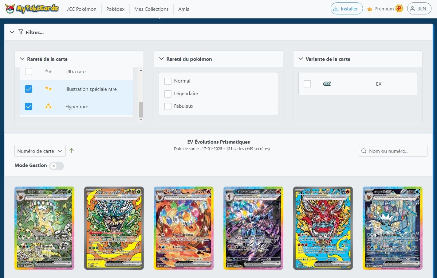 Filtres disponibles sur la liste des cartes d'une extension du TCG Pokémon dans MyPokéCards