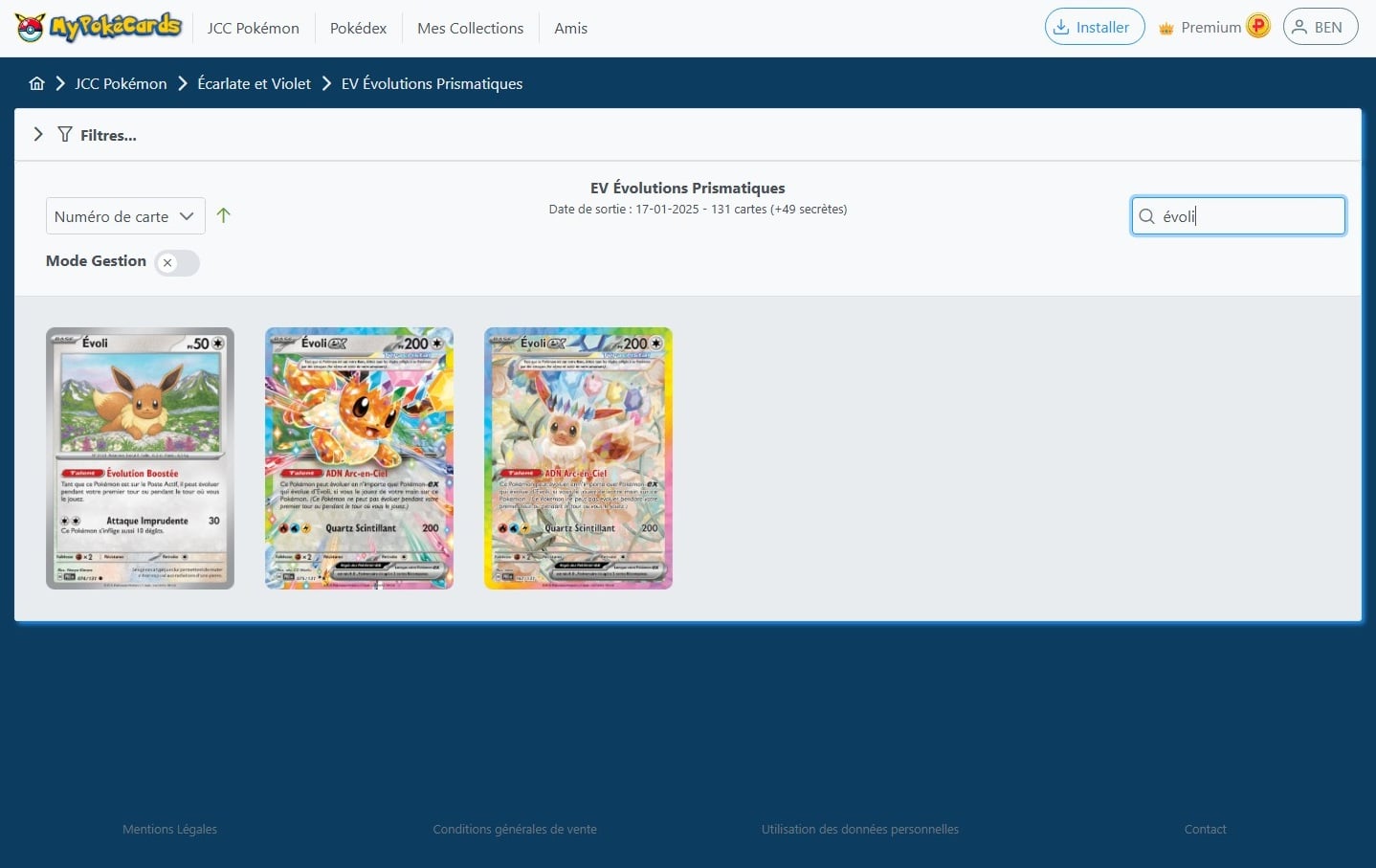 Filtres de recherche disponible sur la liste des cartes d'une extension du TCG Pokémon dans MyPokéCards