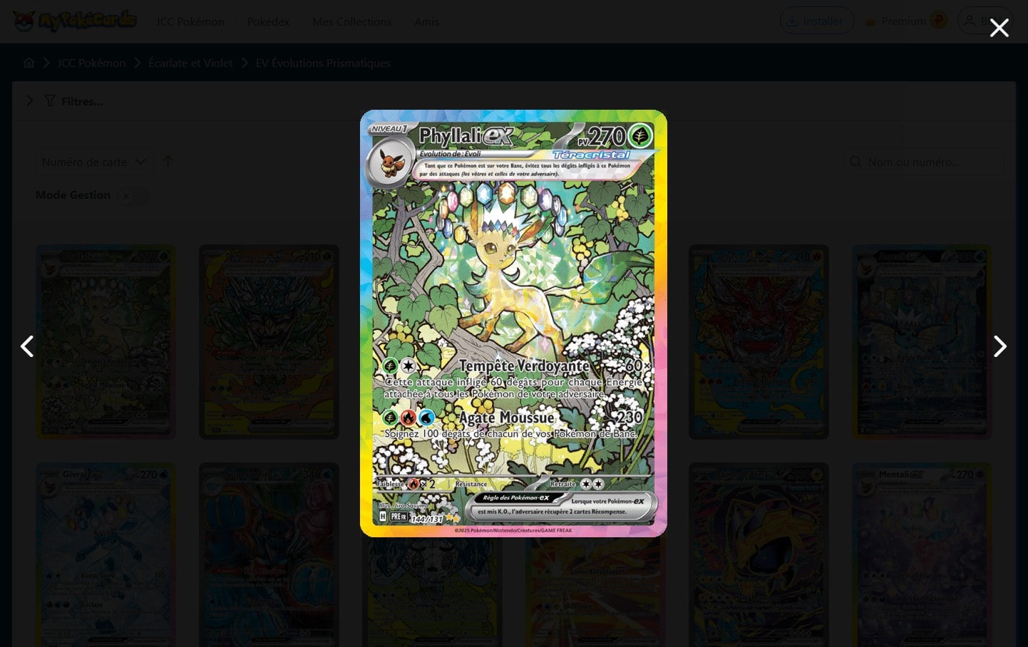 Galerie d'image des cartes filtrées d'une extension du TCG Pokémon dans MyPokéCards