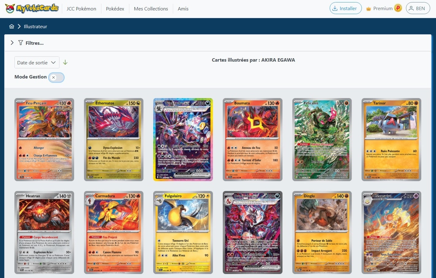 Aperçu de la liste des cartes du TCG Pokémon déssinées par un illustrateur