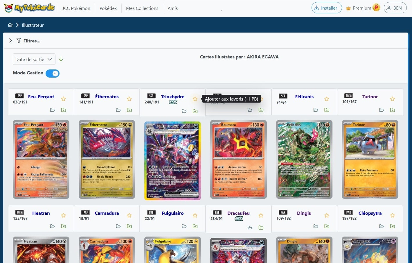 Aperçu de la liste des cartes du TCG Pokémon déssinées par un illustrateur et actions pour ajouter à une collection