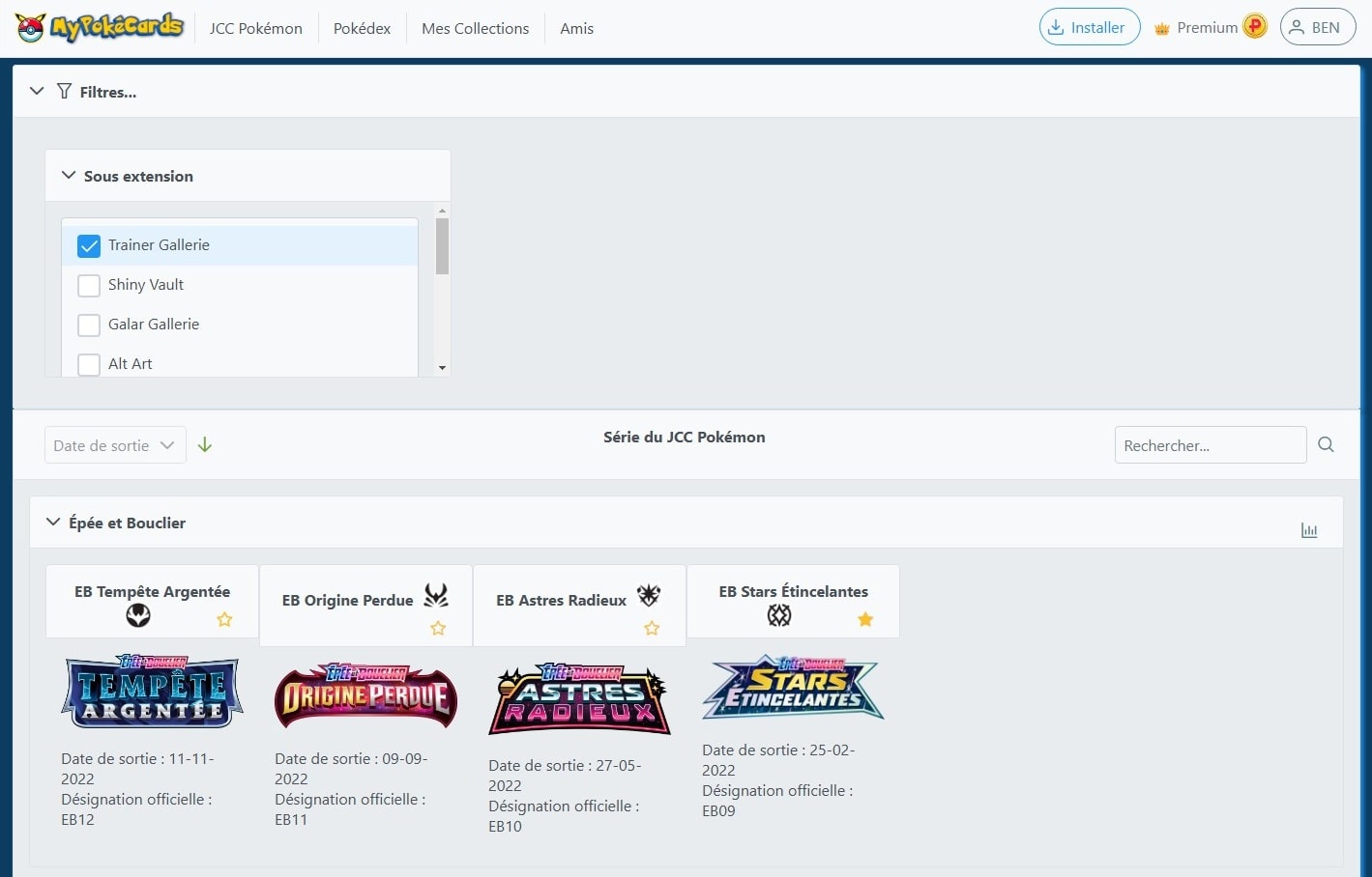 Liste des filtres sur les extensions du TCG Pokémon sur MyPokéCards