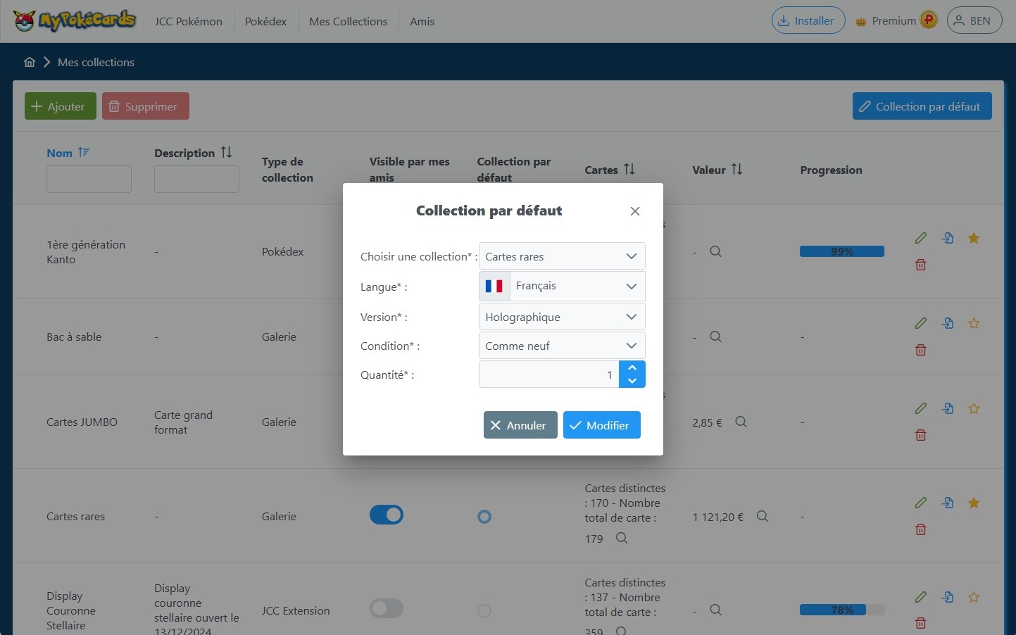 Configuration de la collection par défaut et du détail de la version de la carte pour un ajout rapide d'une carte du TCG Pokémon à une collection dans MyPokéCards