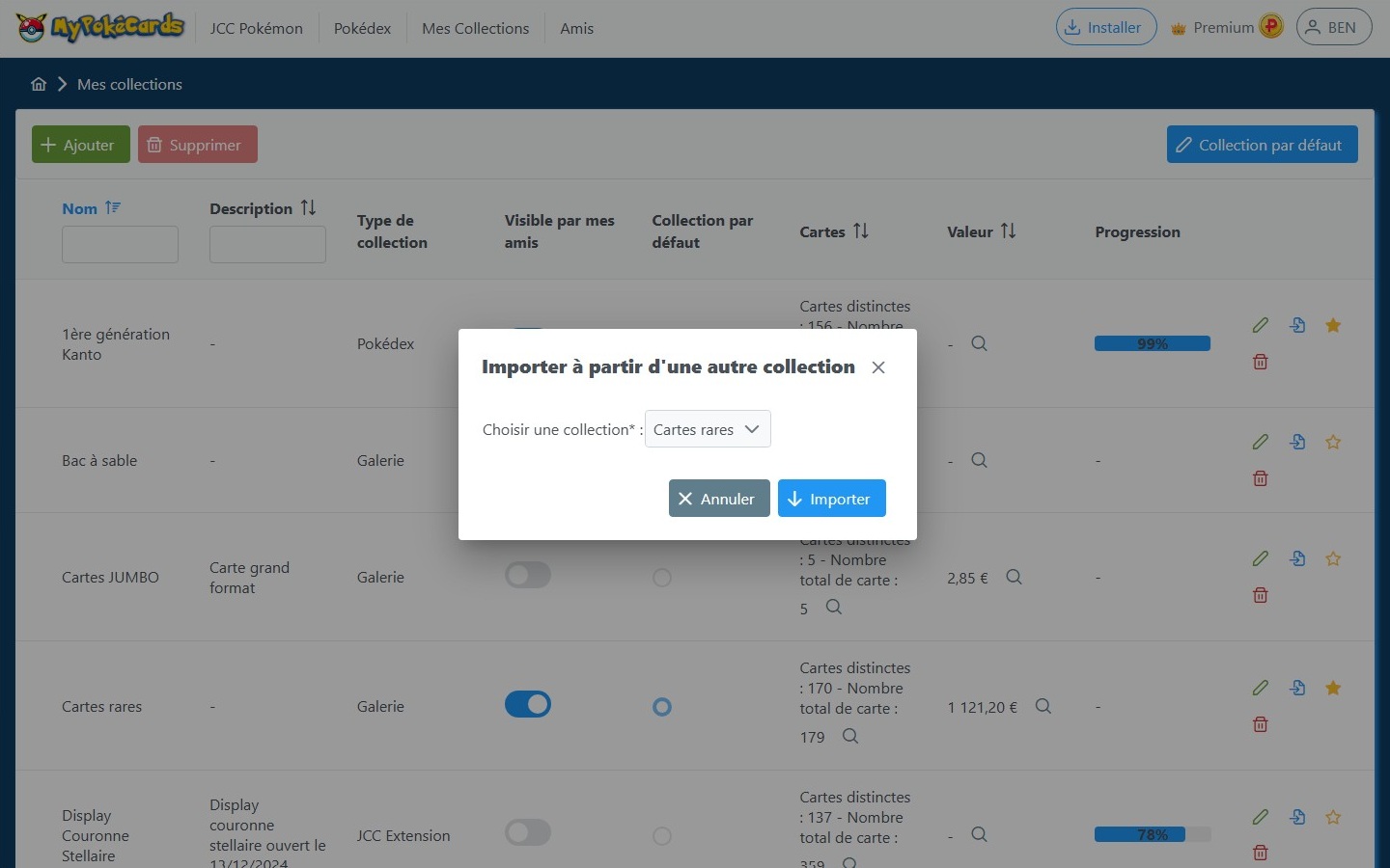 Aperçu de la fonctionnalité d'import des carte d'une collection à une autre dans MyPokéCards