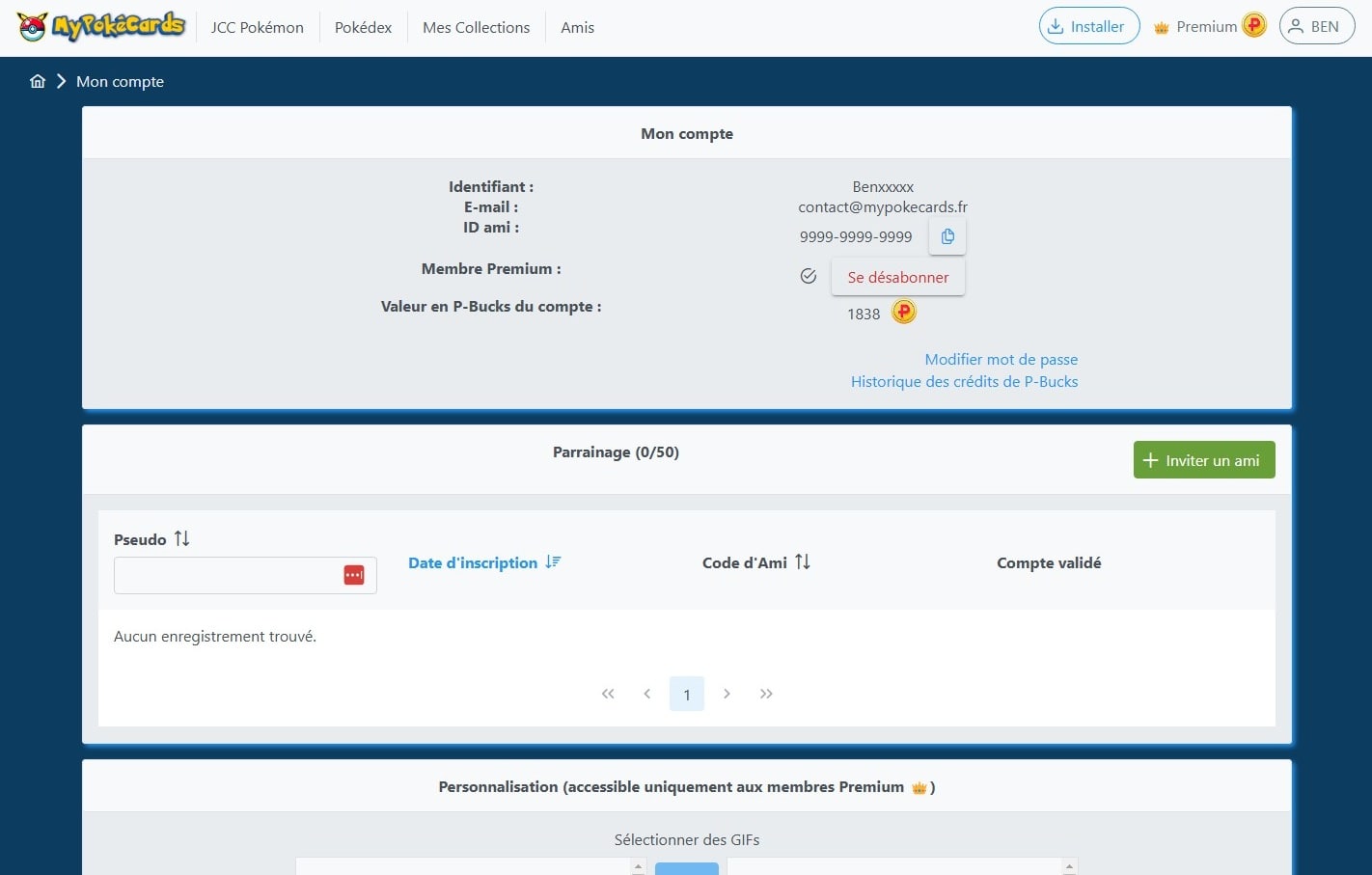 Page de gestion du compte utilisateur sur MyPokéCards