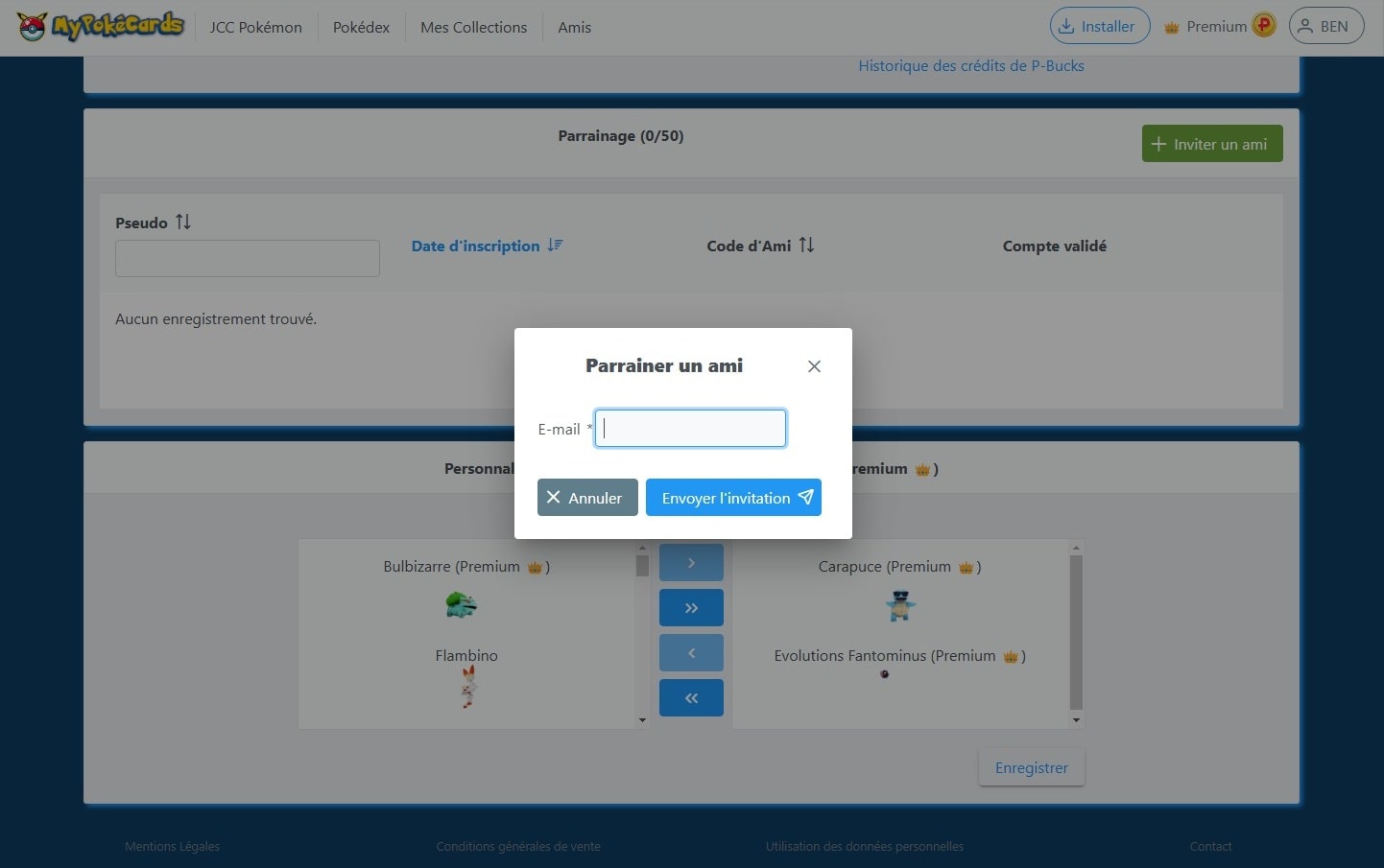 Parrainage d'un ami par mail sur MyPokéCards