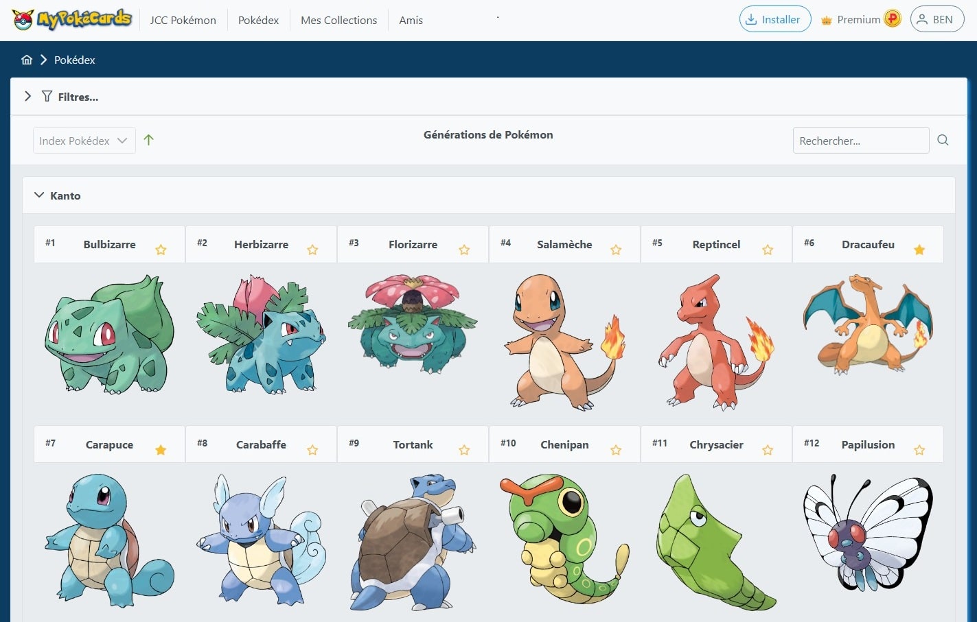 Affichage des Pokémon du Pokédex par génération disponibles sur MyPokéCards
