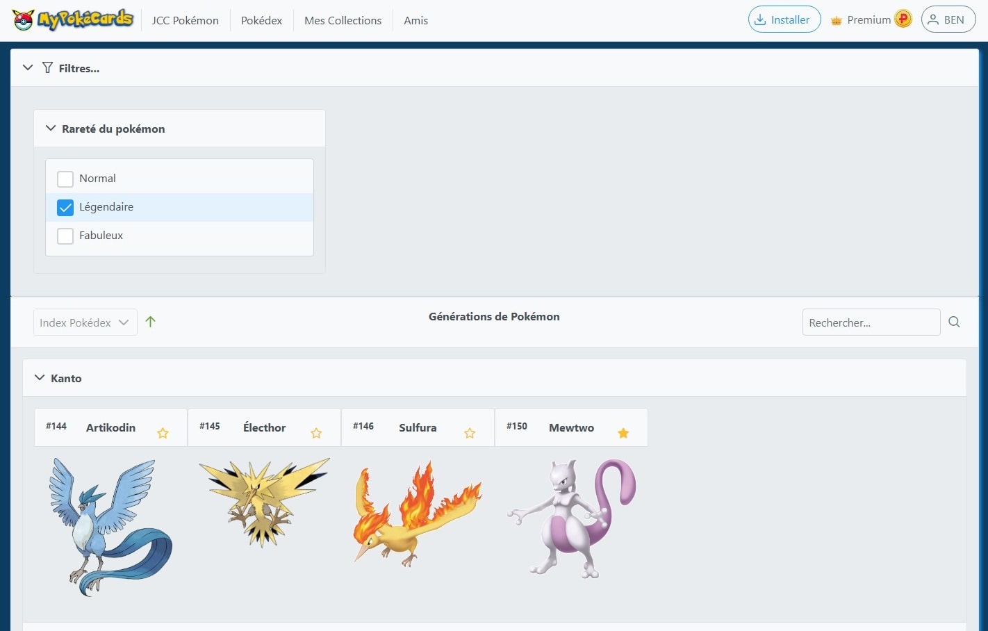Filtres disponibles pour lister les Pokémon du Pokédex disponibles sur MyPokéCards