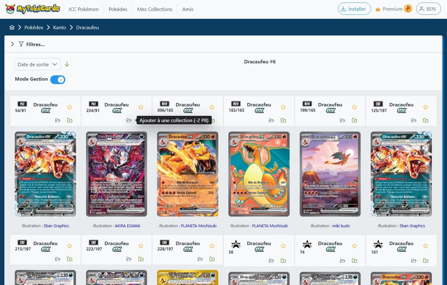 Aperçu de la liste des cartes d'un Pokémon disponibles sur MyPokéCards et actions pour ajouter à une collection