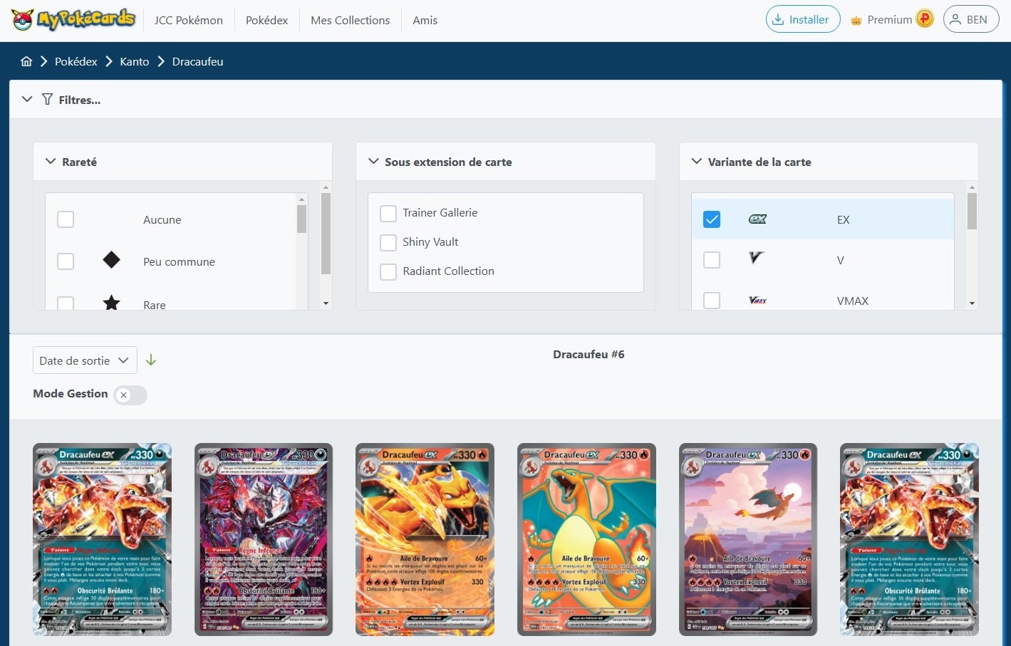 Filtres disponibles sur la liste des cartes d'un Pokémon disponibles sur MyPokéCards