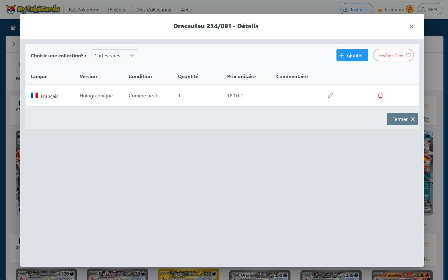 Détails des versions d'une carte d'un Pokémon dans une collection sur MyPokéCards
