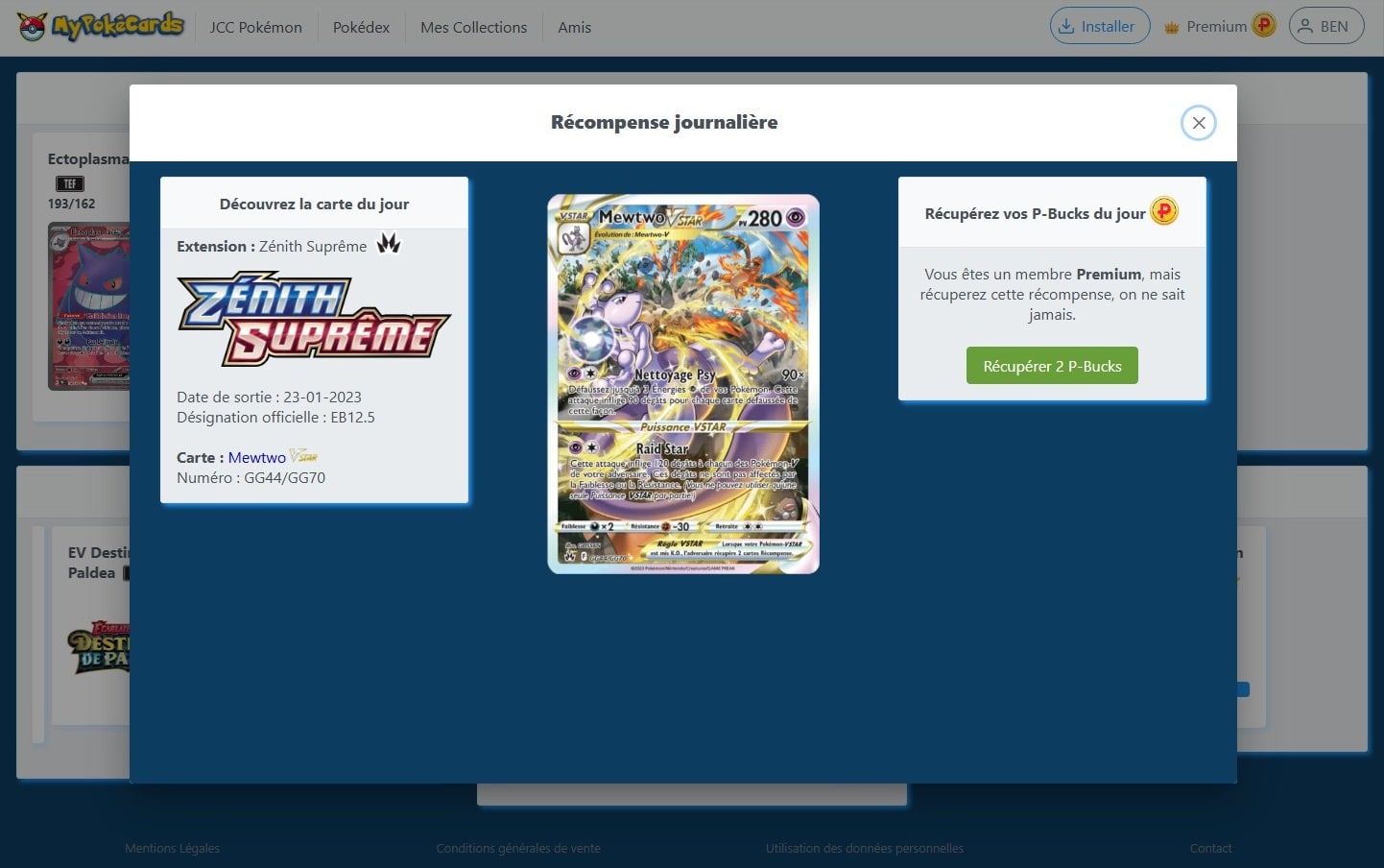 Écran de récompense journalière sur MyPokéCards avec la découverte d'une carte du TCG Pokémon